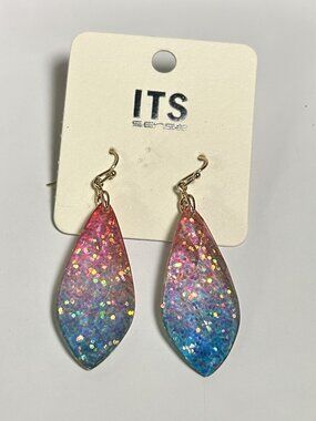 ITS Sense Pink Blue Glitter Teardrop Dangle Earrings NWT